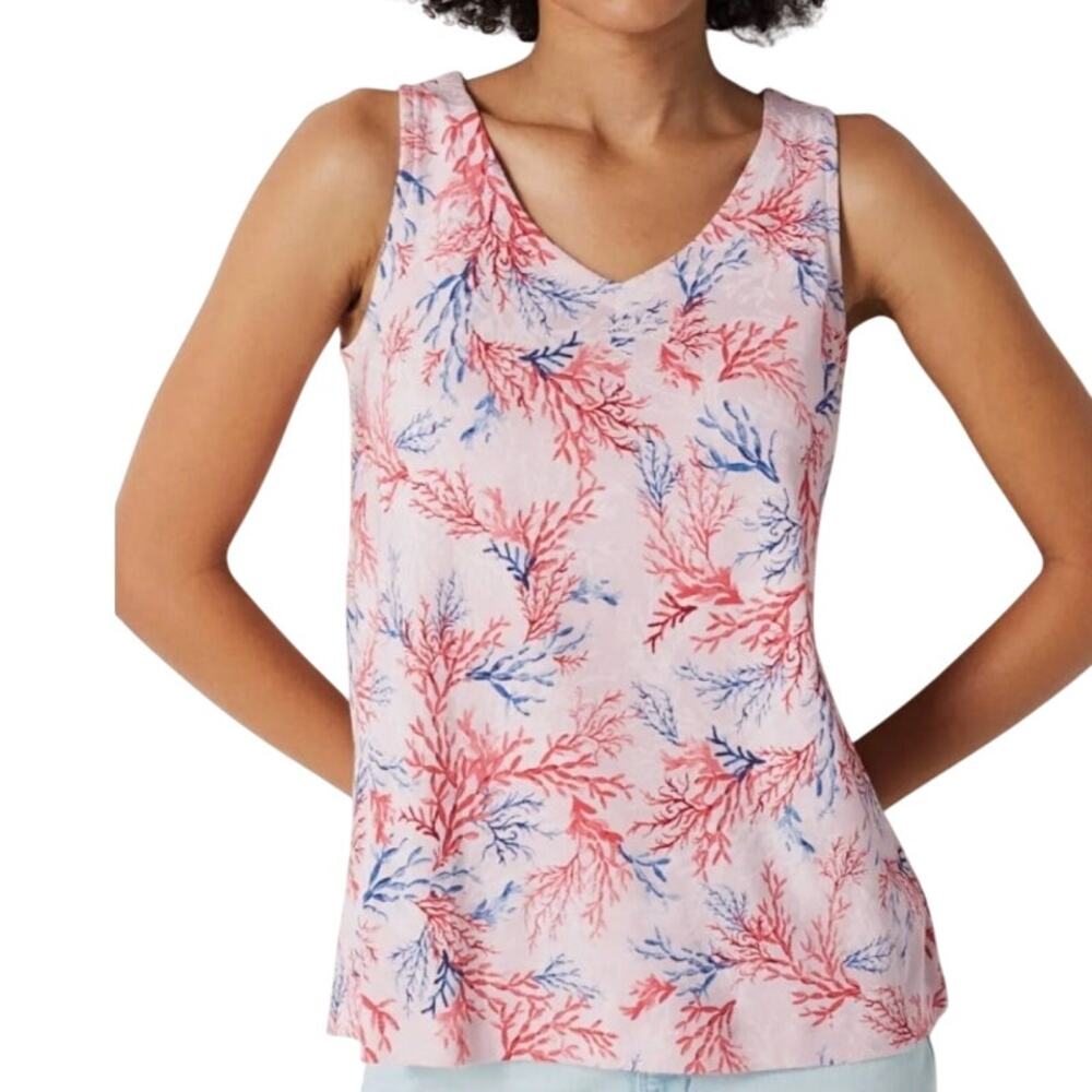 J. Jill Perfect Pima Rounded V-Neck Tank Womens SP Coral Reef Ocean Print Top
